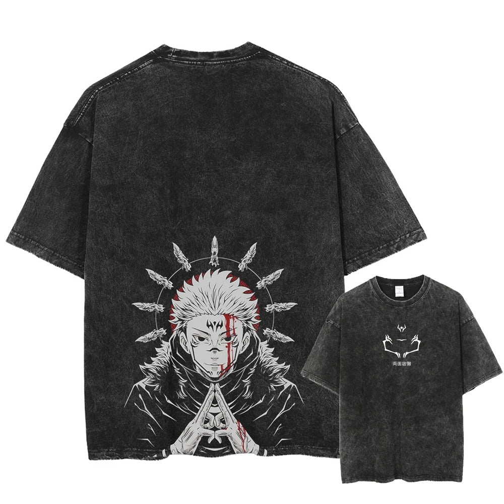 Front and back view of oversized 240 GSM vintage black acid wash streetwear tee. Front features minimalist Ryomen Sukuna face markings logo. Back features a massive graphic of Sukuna performing his Domain Expansion surrounded by a halo of cursed fingers