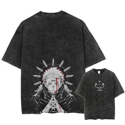 Front and back view of oversized 240 GSM vintage black acid wash streetwear tee. Front features minimalist Ryomen Sukuna face markings logo. Back features a massive graphic of Sukuna performing his Domain Expansion surrounded by a halo of cursed fingers
