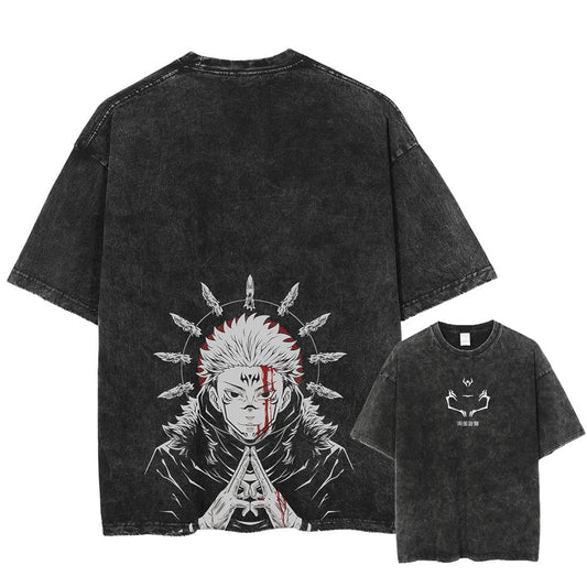 Front and back view of oversized 240 GSM vintage black acid wash streetwear tee. Front features minimalist Ryomen Sukuna face markings logo. Back features a massive graphic of Sukuna performing his Domain Expansion surrounded by a halo of cursed fingers