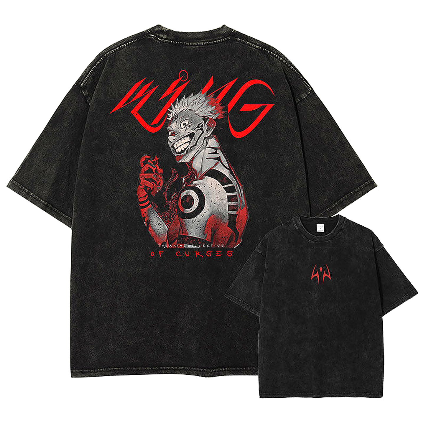 Front and back view of oversized 240 GSM vintage black acid wash tee. Front features a minimalist red Sukuna curse mark logo. Back features a massive graphic of Ryomen Sukuna holding a heart with bold red 'King of Curses' typography