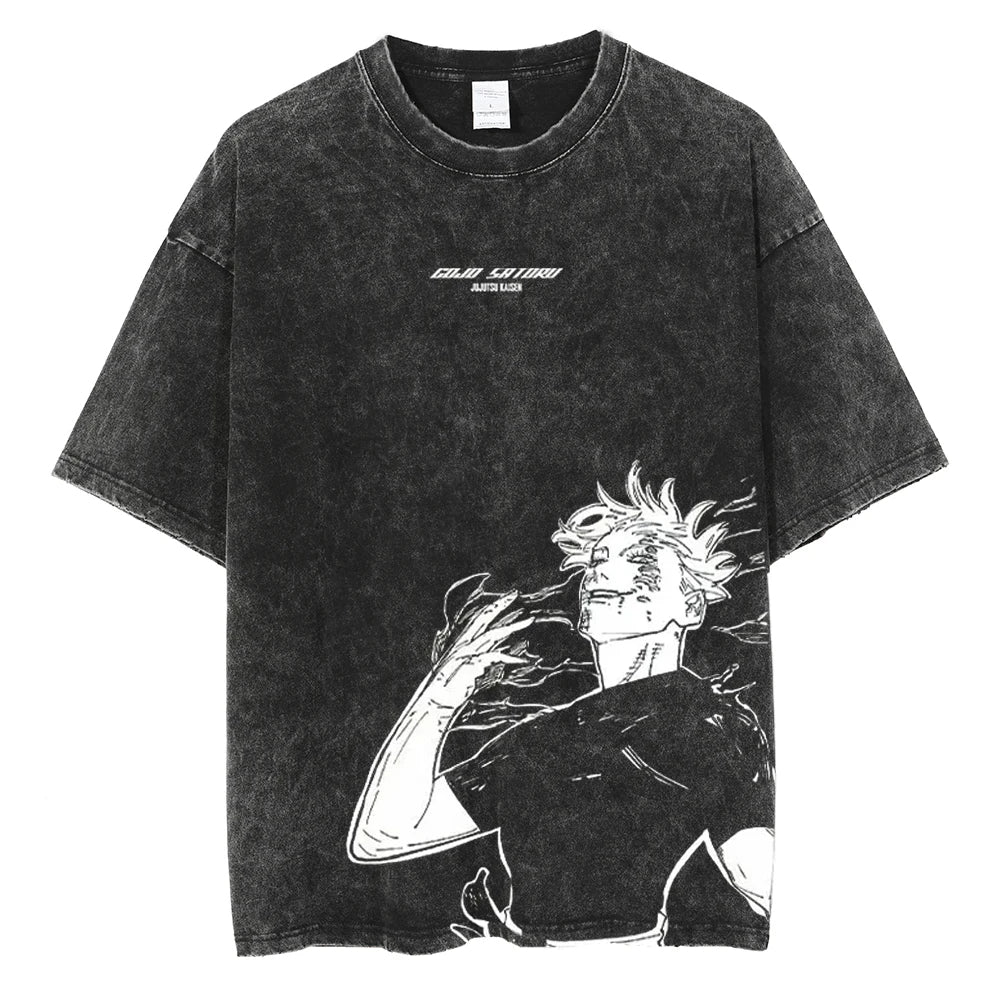 Front view of oversized 240 GSM vintage black acid wash streetwear tee. Features clean centered Jujutsu Kaisen typography and a large asymmetrical lower-torso graphic of an awakened Satoru Gojo.