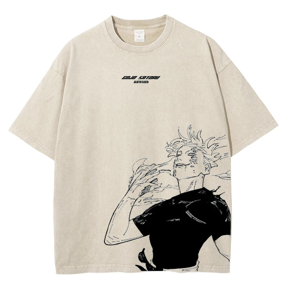 Front view of oversized 240 GSM vintage sand streetwear tee. Features clean centered Jujutsu Kaisen typography and a large asymmetrical lower-torso graphic of an awakened Satoru Gojo.