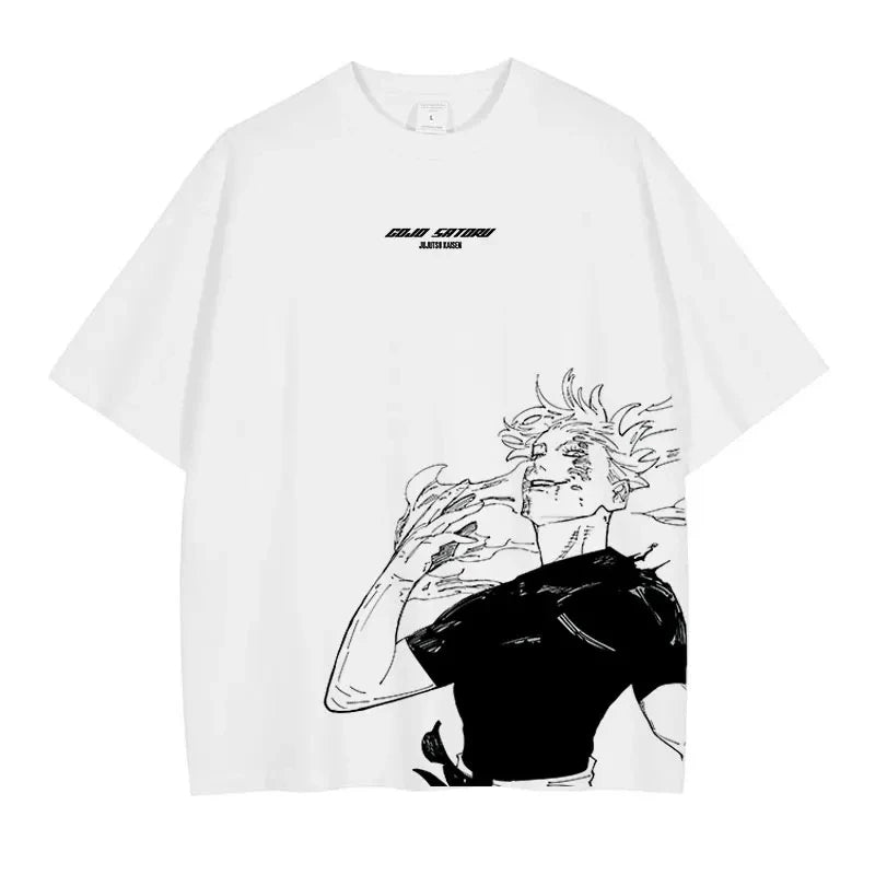 Front view of oversized 240 GSM white streetwear tee. Features clean centered Jujutsu Kaisen typography and a large asymmetrical lower-torso graphic of an awakened Satoru Gojo