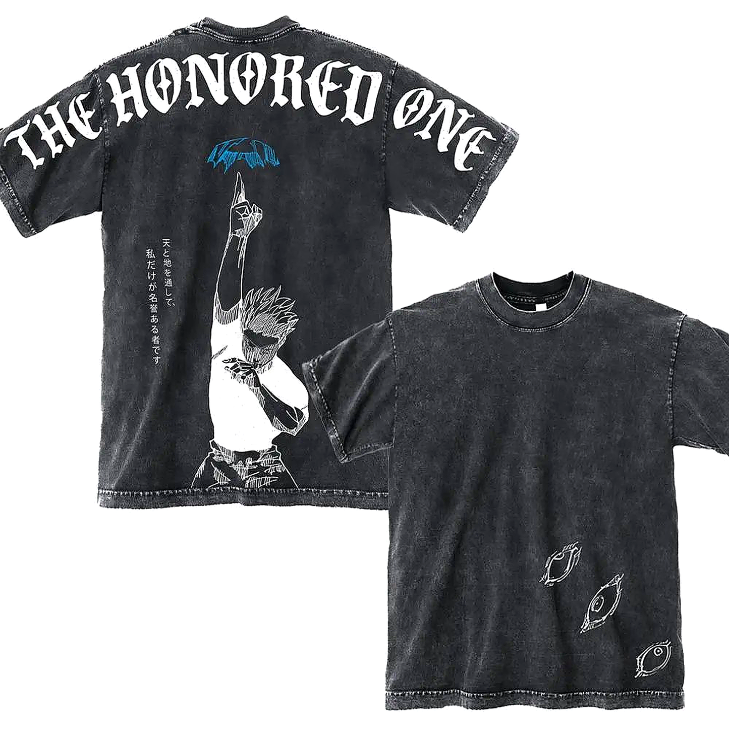 Front and back view of oversized 240 GSM vintage black acid wash tee. Front features minimalist asymmetrical eyes graphic on the lower right. Back features Satoru Gojo pointing up with massive gothic text reading 'The Honored One'