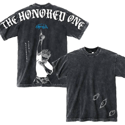 Front and back view of oversized 240 GSM vintage black acid wash tee. Front features minimalist asymmetrical eyes graphic on the lower right. Back features Satoru Gojo pointing up with massive gothic text reading 'The Honored One'