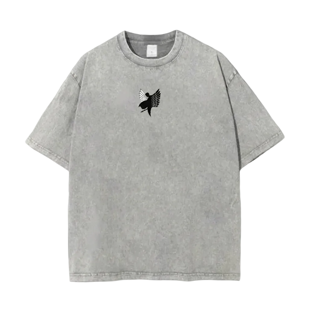 Front view of oversized 240 GSM vintage grey acid wash t-shirt featuring minimalist black and white Attack on Titan Wings of Freedom silhouette center-chest logo.