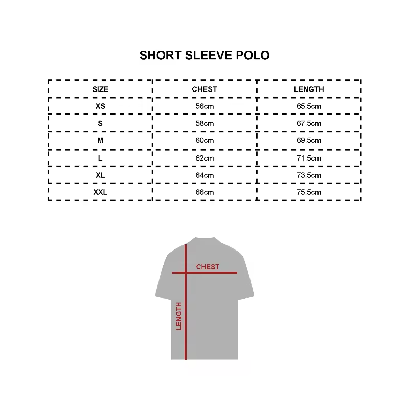 Measurement chart for short sleeve polo shirts with size chart and shirt diagram.