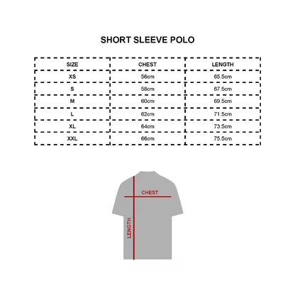 Measurement chart for short sleeve polo shirts with size chart and shirt diagram.