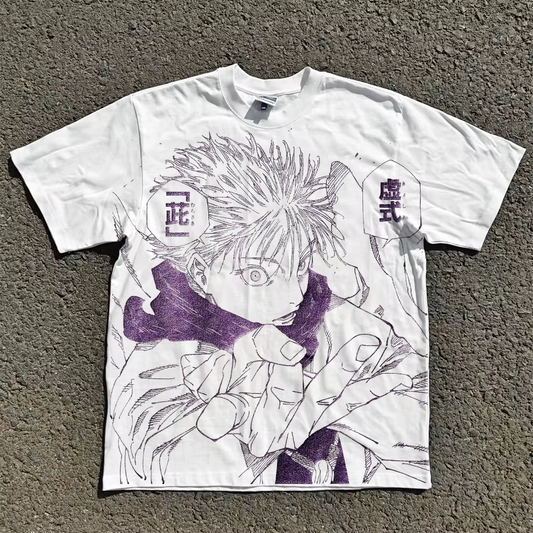 Front view of a white oversized heavyweight streetwear t-shirt featuring a large edge-to-edge purple manga graphic of Gojo Satoru by SkaiiyPrints