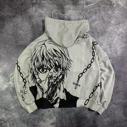 Flat lay of the back of a light grey streetwear hoodie featuring a massive Kurapika manga portrait and chain graphics by SkaiiyPrints.