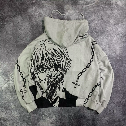 Flat lay of the back of a light grey streetwear hoodie featuring a massive Kurapika manga portrait and chain graphics by SkaiiyPrints.