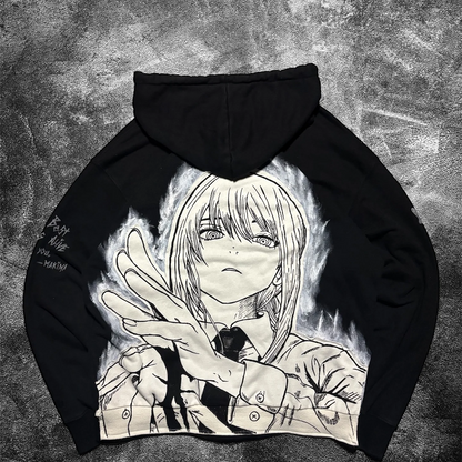 Back view of the SkaiiyPrints heavyweight zip-up hoodie featuring a large Makima manga panel graphic.