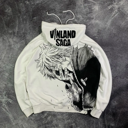Flat lay of the back of a white streetwear hoodie featuring a massive Thorfinn manga portrait graphic and a printed hood.