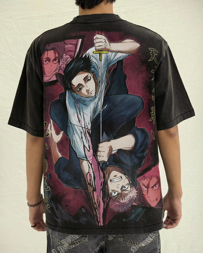 Model wearing a vintage washed black Yuta Okkotsu Jujutsu Kaisen oversized graphic t-shirt showing the back combat print.