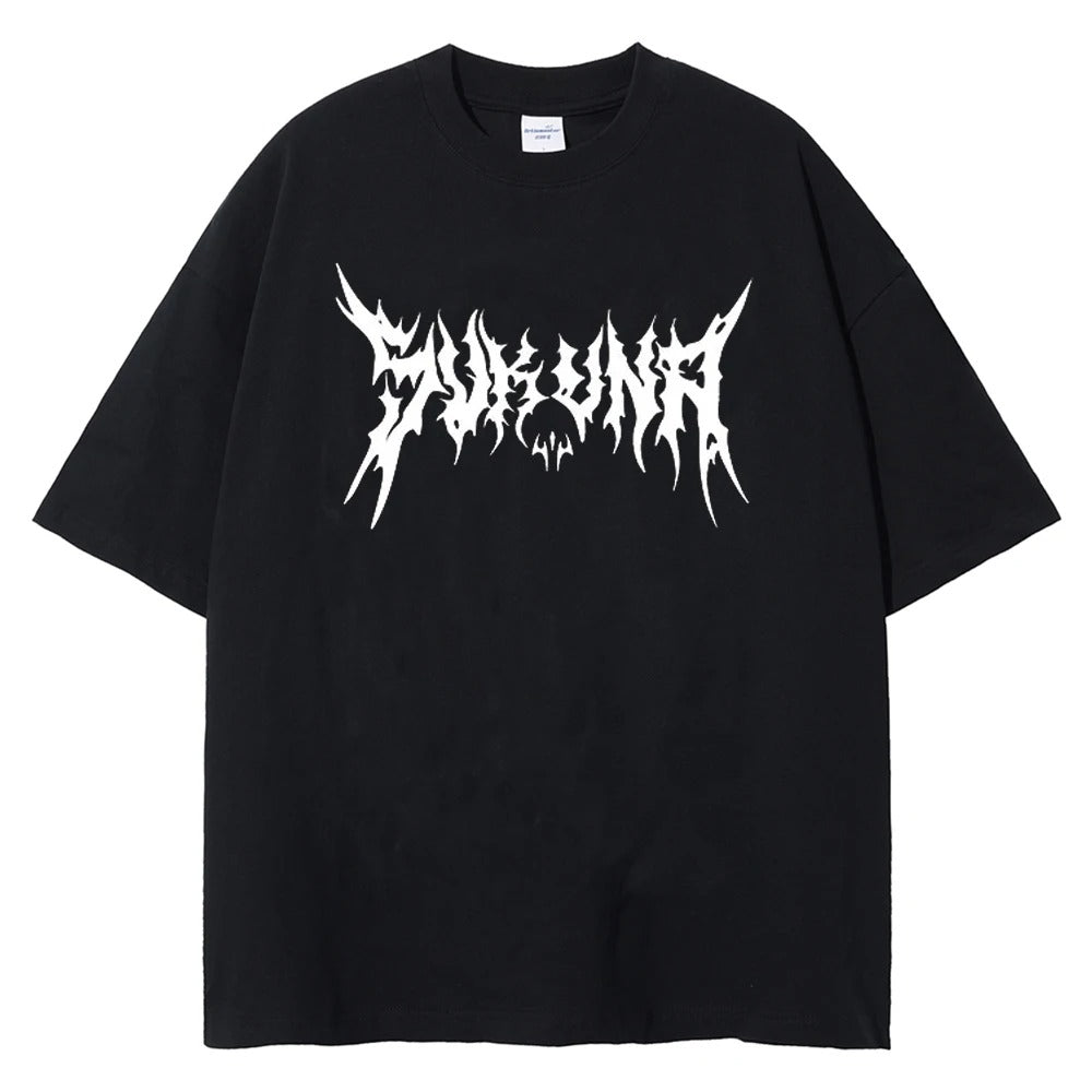 Front view of oversized 240 GSM standard black streetwear tee featuring clean, minimalist white Sukuna death-metal typography across the center chest.