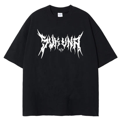 Front view of oversized 240 GSM standard black streetwear tee featuring clean, minimalist white Sukuna death-metal typography across the center chest.