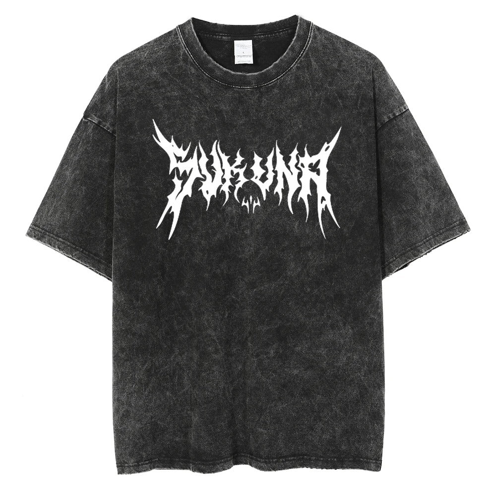 Front view of oversized 240 GSM vintage black acid wash streetwear tee featuring clean, minimalist white Sukuna death-metal typography across the center chest.