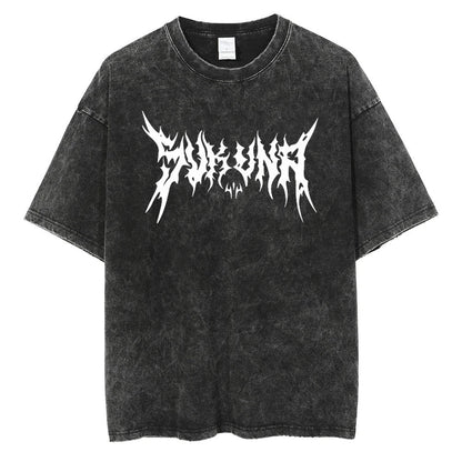 Front view of oversized 240 GSM vintage black acid wash streetwear tee featuring clean, minimalist white Sukuna death-metal typography across the center chest.