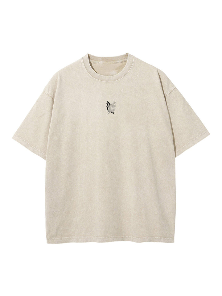 Front view of oversized 240 GSM vintage sand acid wash t-shirt featuring minimalist black Attack on Titan Survey Corps center-chest logo.