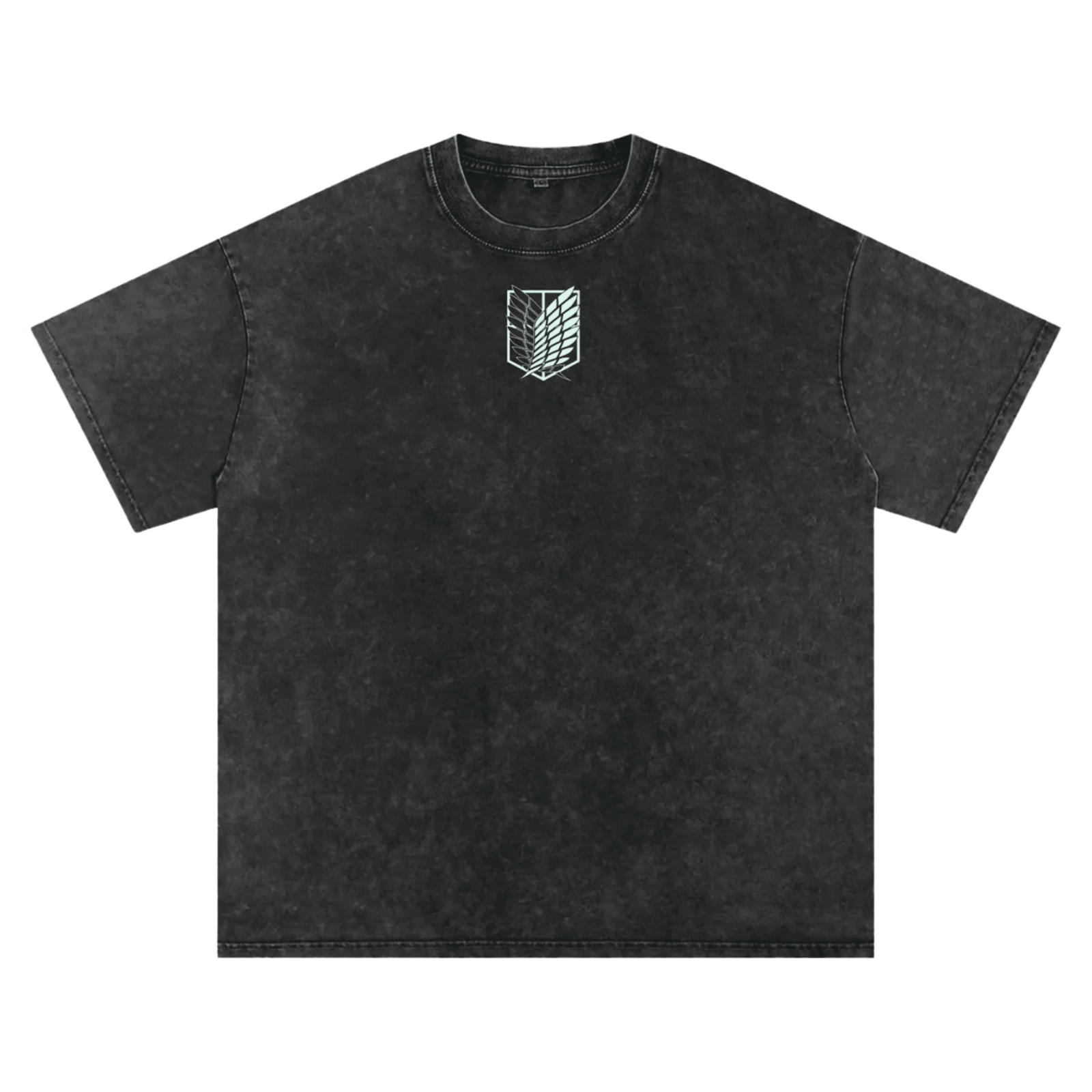 Front view of oversized 240 GSM vintage black acid wash t-shirt featuring glowing minimalist Attack on Titan Survey Corps chest logo.