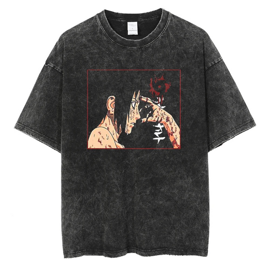 black t-shirt Sasuke Uchiha with his Sharingan activated and blood on his face each featuring a distressed print of one of the Uchiha brothers from Naruto tragic relationship between these two iconic characters