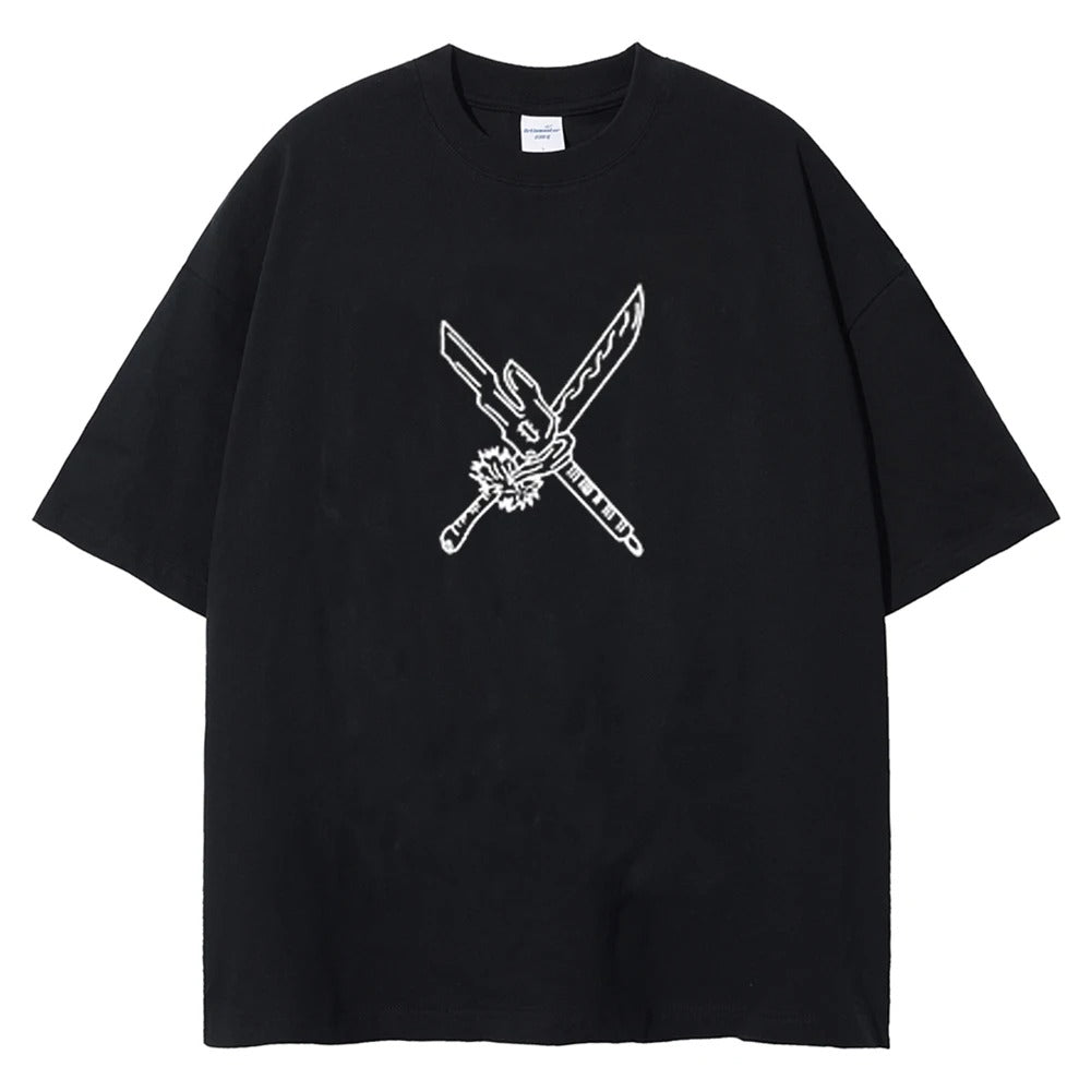 Front view of oversized 240 GSM standard black streetwear tee featuring a minimalist white graphic of crossed cursed tools, the Split Soul Katana and Inverted Spear of Heaven.