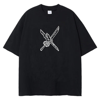 Front view of oversized 240 GSM standard black streetwear tee featuring a minimalist white graphic of crossed cursed tools, the Split Soul Katana and Inverted Spear of Heaven.