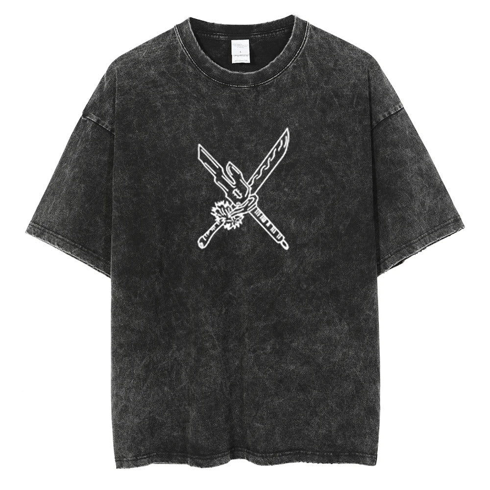 Front view of oversized 240 GSM vintage black acid wash streetwear tee featuring a minimalist white graphic of crossed cursed tools, the Split Soul Katana and Inverted Spear of Heaven.