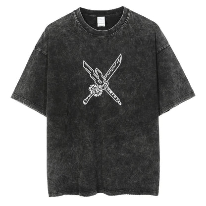 Front view of oversized 240 GSM vintage black acid wash streetwear tee featuring a minimalist white graphic of crossed cursed tools, the Split Soul Katana and Inverted Spear of Heaven.