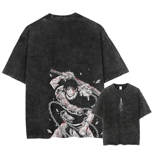 Front and back view of oversized 240 GSM vintage black acid wash streetwear tee. Front features a minimalist Inverted Spear of Heaven logo. Back features a massive, bloodied graphic of Toji Fushiguro with the Inventory Curse and Chain of a Thousand Miles.