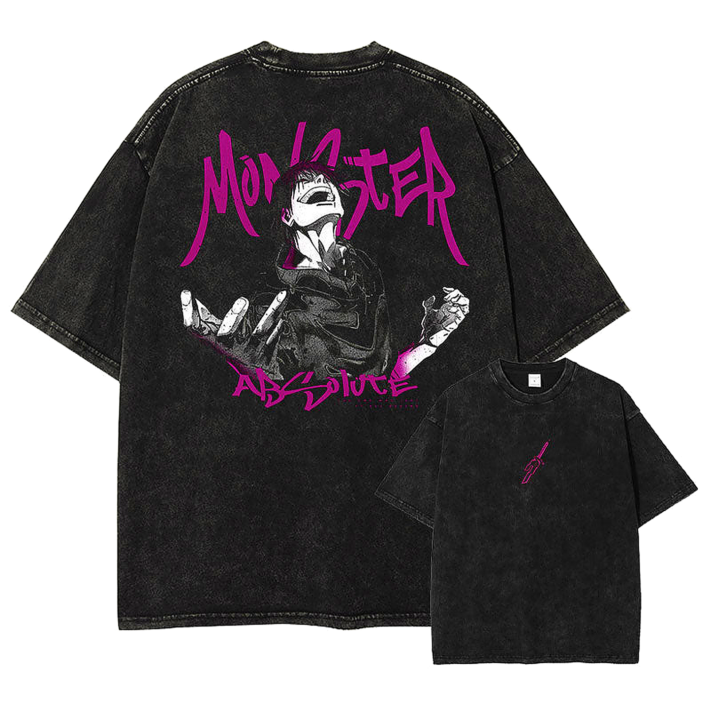 Front and back view of oversized 240 GSM vintage black acid wash tee. Front features a minimalist pink Inverted Spear of Heaven weapon logo. Back features Toji Fushiguro looking up maniacally with aggressive pink 'Monster Absolute' typography.
