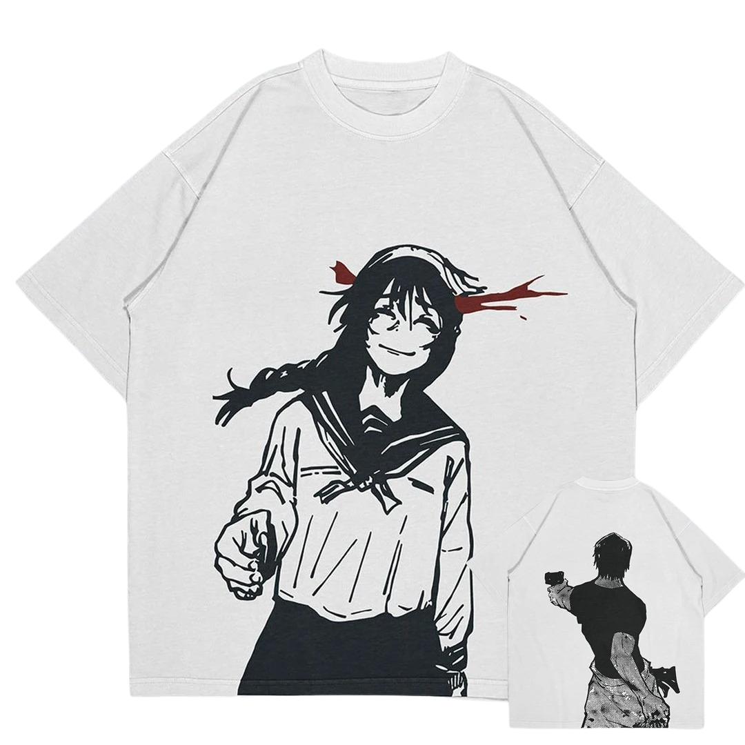 Front and back view of the best-selling white oversized 240 GSM tee featuring Riko Amanai on the front and Toji Fushiguro drawing his weapon on the back.