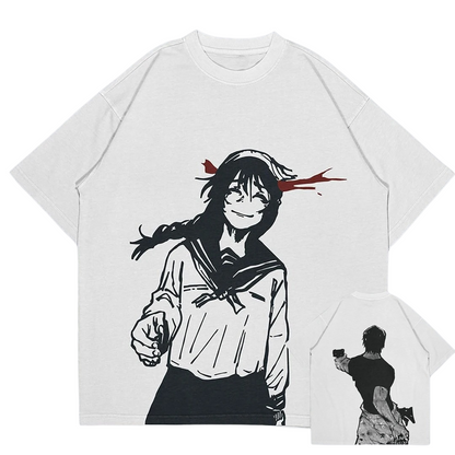 Front and back view of the best-selling white oversized 240 GSM tee featuring Riko Amanai on the front and Toji Fushiguro drawing his weapon on the back.