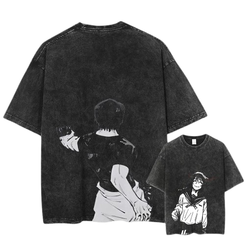Front and back view of the best-selling vintage black acid wash 240 GSM tee featuring the tragic Riko Amanai scene and Toji Fushiguro.
