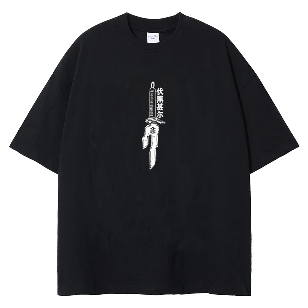 A solid black T-shirt with a graphic print of Inverted spear of toji from the anime Jujutsu Kaisen.