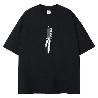 A solid black T-shirt with a graphic print of Inverted spear of toji from the anime Jujutsu Kaisen.