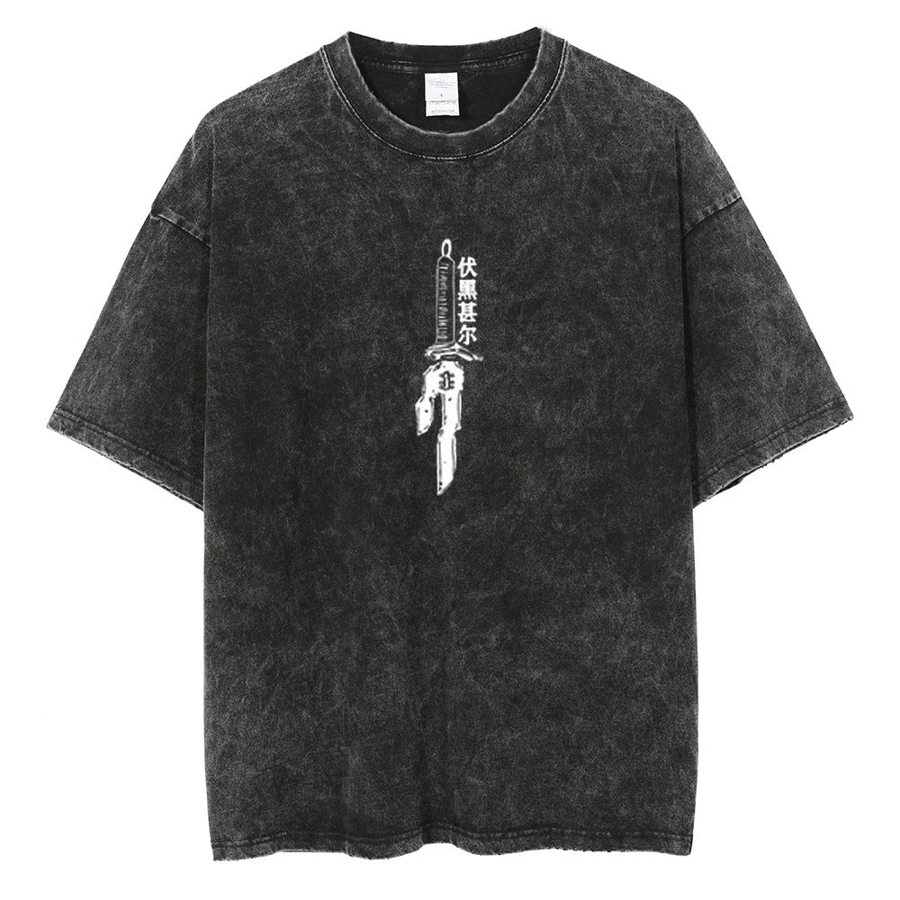 A black vintage T-shirt with a graphic print of Inverted spear of toji from the anime Jujutsu Kaisen.