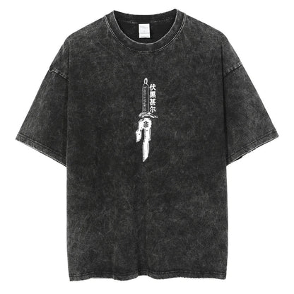 A black vintage T-shirt with a graphic print of Inverted spear of toji from the anime Jujutsu Kaisen.