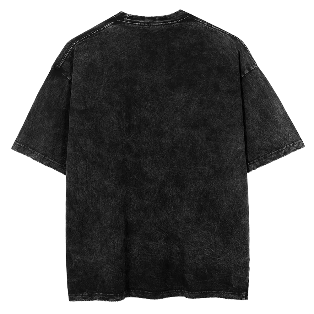 Flat lay back view of a blank vintage black acid wash oversized streetwear t-shirt showing heavy fabric texture.