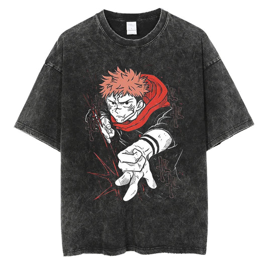 Front view of oversized 240 GSM vintage black acid wash streetwear tee featuring a high-contrast graphic of Yuji Itadori from Jujutsu Kaisen with Sukuna markings, striking forward with red cursed energy sparks.