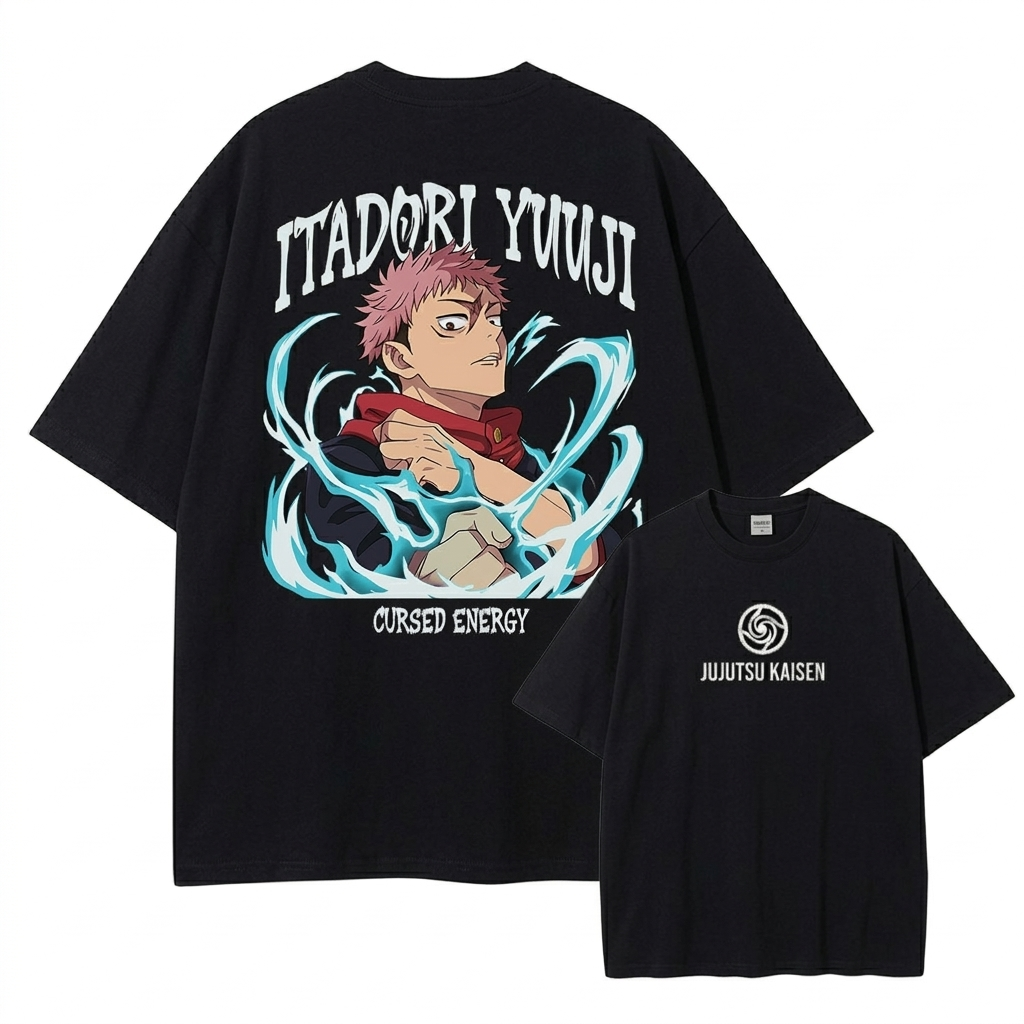Front and back view of oversized 240 GSM black acid wash tee. Front features minimalist white Jujutsu Kaisen logo. Back features Yuji Itadori charging bright blue cursed energy with gothic typography.