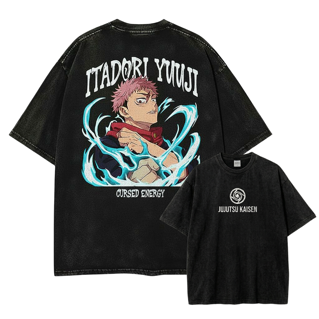 Front and back view of oversized 240 GSM vintage black acid wash tee. Front features minimalist Jujutsu Kaisen logo. Back features Yuji Itadori charging bright blue cursed energy with gothic typography.