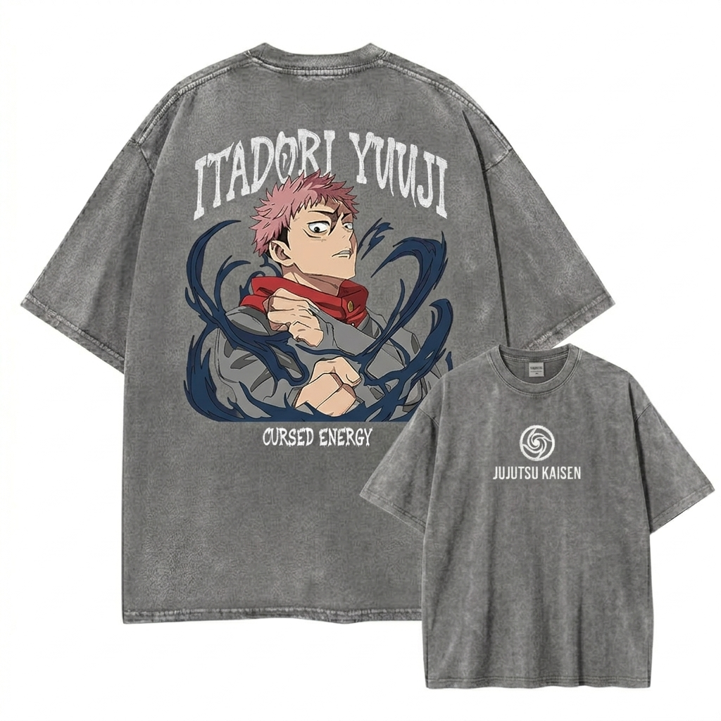 Front and back view of oversized 240 GSM vintage grey acid wash tee. Front features minimalist Jujutsu Kaisen logo. Back features Yuji Itadori charging dark cursed energy with gothic typography.