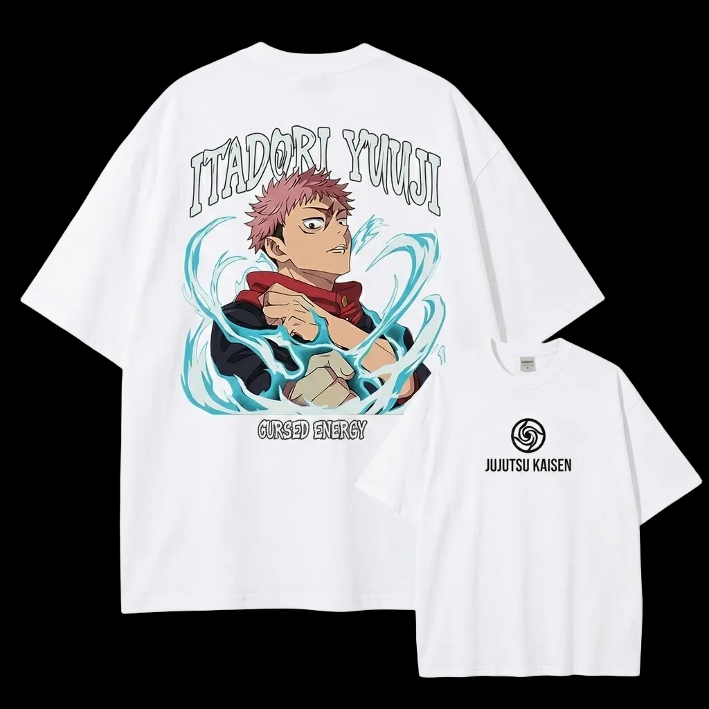 Front and back view of oversized 240 GSM vintage white acid wash tee. Front features minimalist Jujutsu Kaisen logo. Back features Yuji Itadori charging bright blue cursed energy with gothic typography.