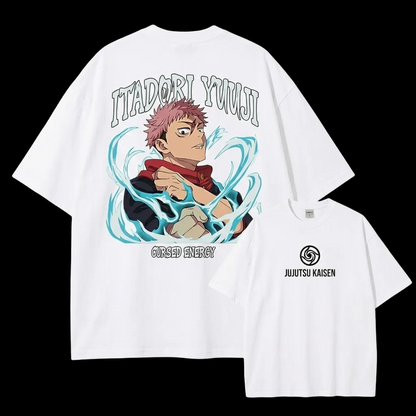 Front and back view of oversized 240 GSM vintage white acid wash tee. Front features minimalist Jujutsu Kaisen logo. Back features Yuji Itadori charging bright blue cursed energy with gothic typography.