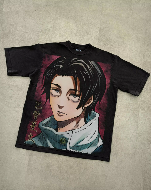 Flat lay of the vintage black Yuta Okkotsu heavyweight graphic t-shirt featuring a large front portrait.
