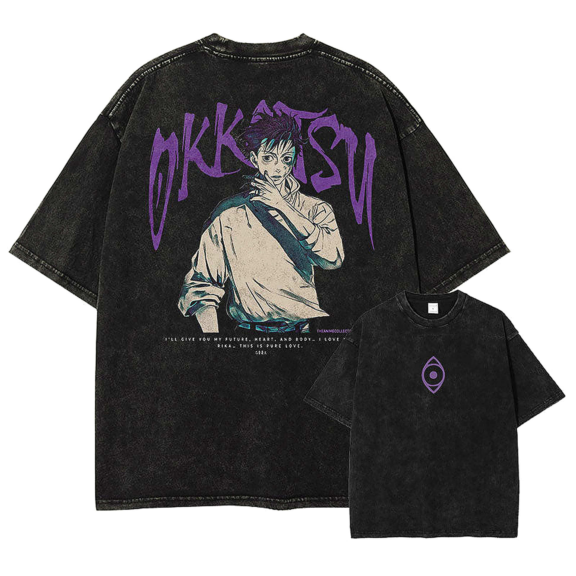 Front and back view of oversized 240 GSM vintage black acid wash tee. Front features a minimalist purple cursed eye logo. Back features Yuta Okkotsu graphic with jagged purple typography and the 'pure love' quote