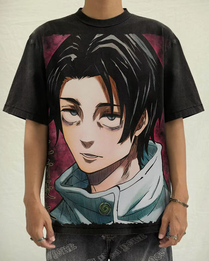 Model wearing a premium vintage wash black Yuta Okkotsu Jujutsu Kaisen graphic t-shirt by SkaiiyPrints
